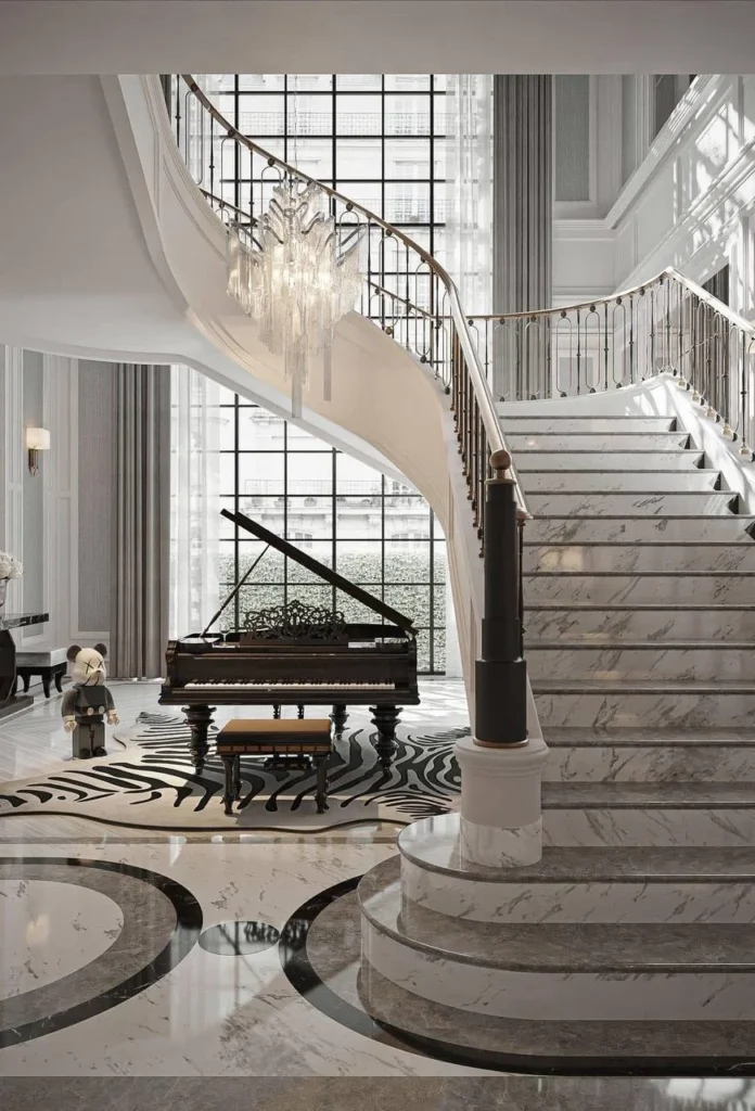 Grand staircase, modern design, marble steps, luxury home interior.