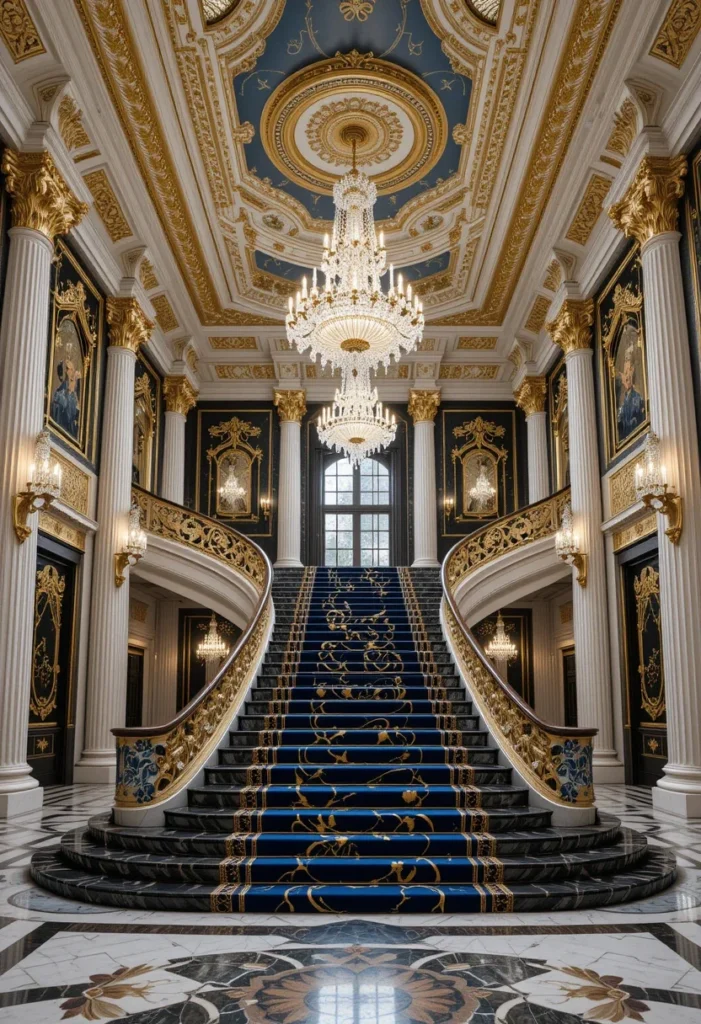 Grand double staircase, palace-inspired design, gold and blue, luxury.