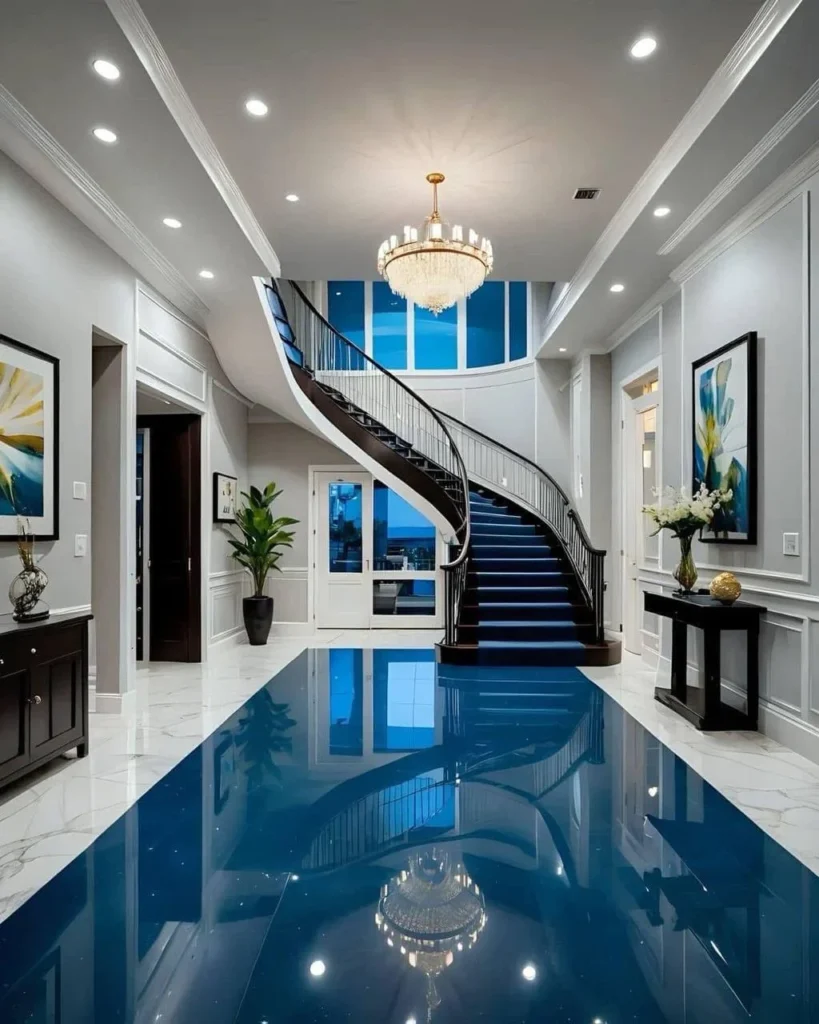 Luxury home grand double staircase, gold railings, blue carpet