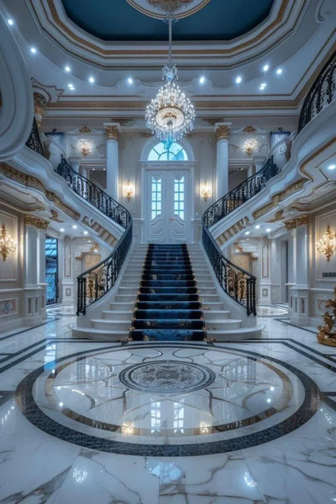 Grand double staircase, blue carpet, ornate balustrades, luxury home