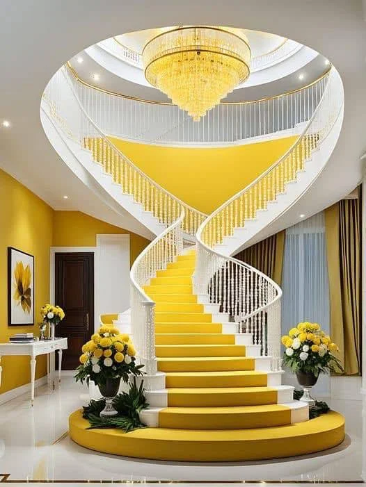 Grand staircase, yellow steps, luxury home interior, unique design.