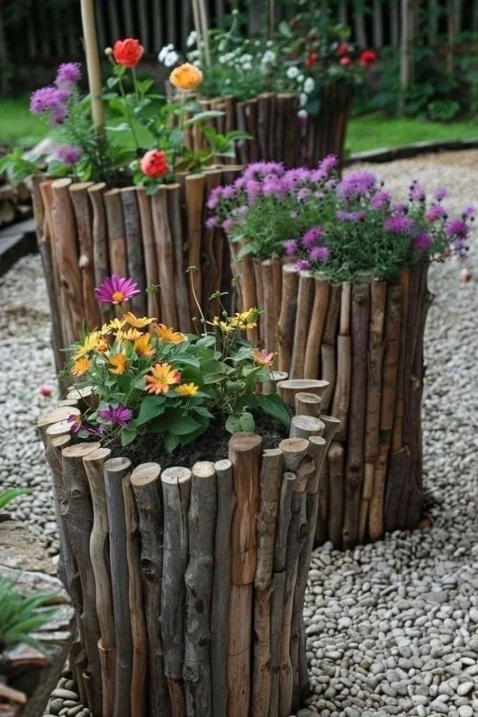 Planters crafted from recycled logs and branches for a rustic garden look.