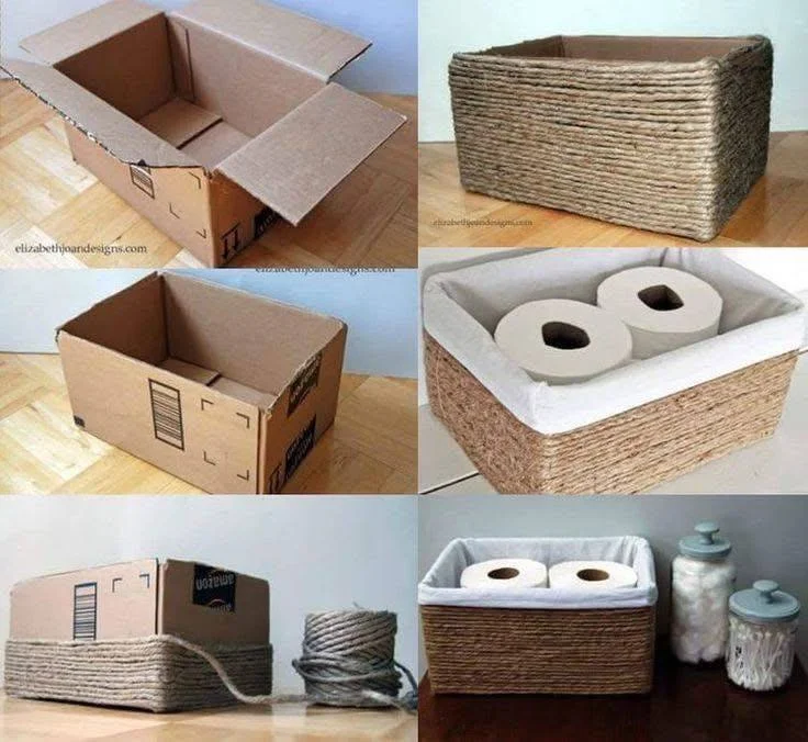 Cardboard boxes transformed into stylish storage baskets using rope.