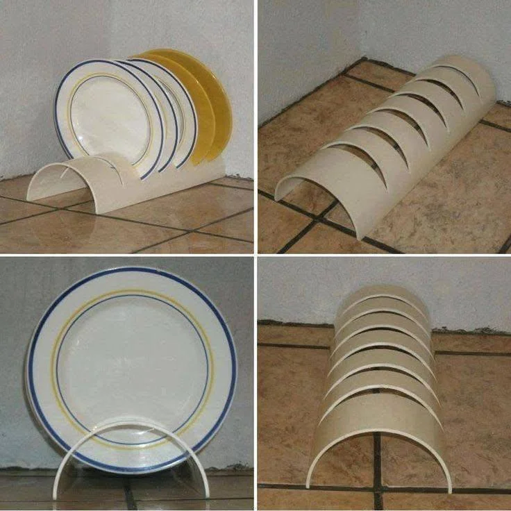 Recycled PVC pipe cut and used to create a dish and plate rack.