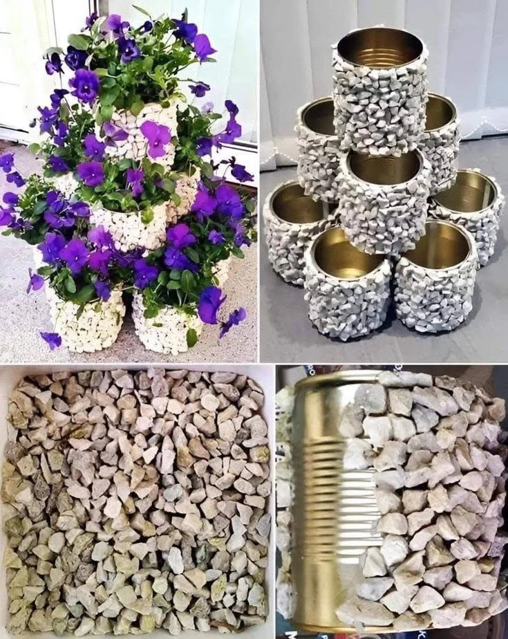 Recycled tin cans upcycled into planters with a stone texture.