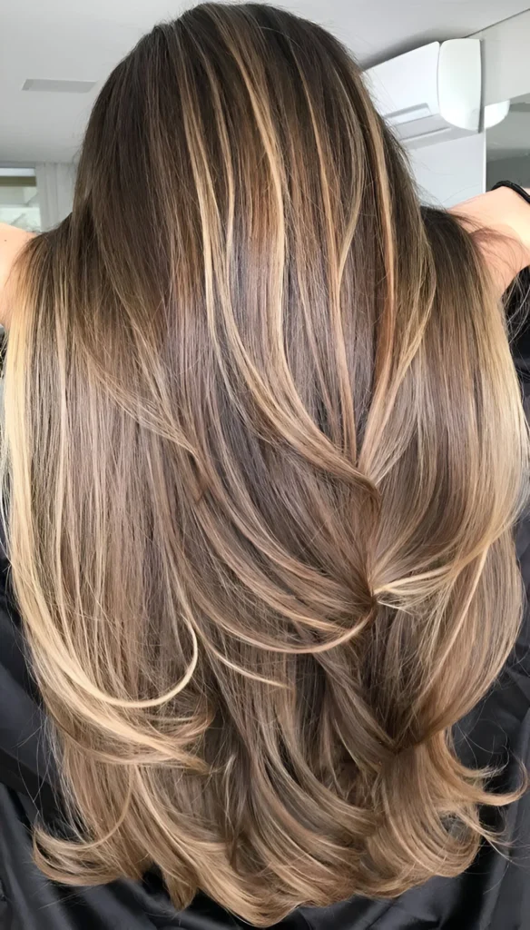 Layered hair highlights light brown 2025 style