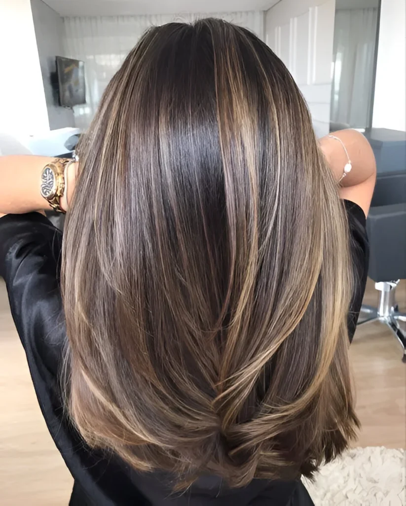 Shiny brown hair highlights 2025 hair idea