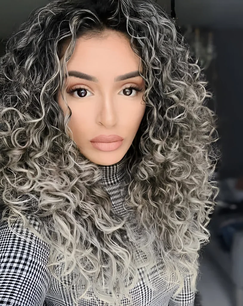 Silver grey curly hair highlights 2025 trend