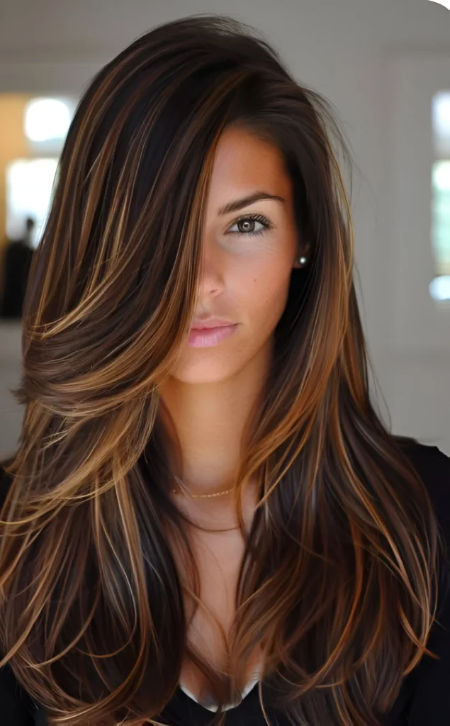 Long hair highlights caramel brown 2025