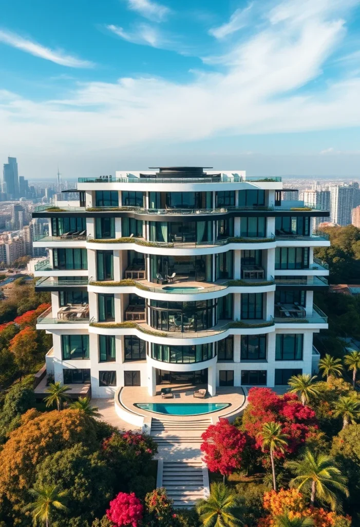 High-rise luxury home, urban residential architecture, panoramic city views