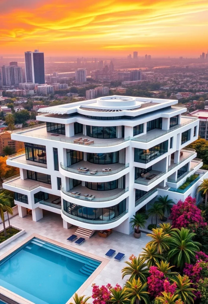 Modern luxury home, skyline view residential architecture, high-end terrace design