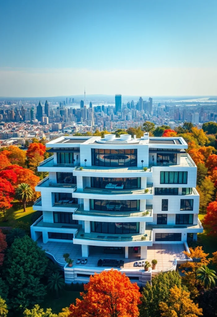 Luxury high-rise residence, high-end residential architecture, autumnal cityscape views