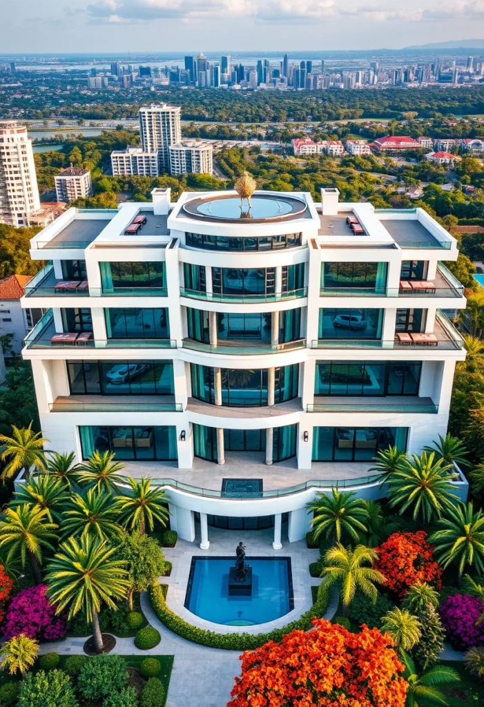 Luxury tropical home, high-end residential architecture, urban paradise design