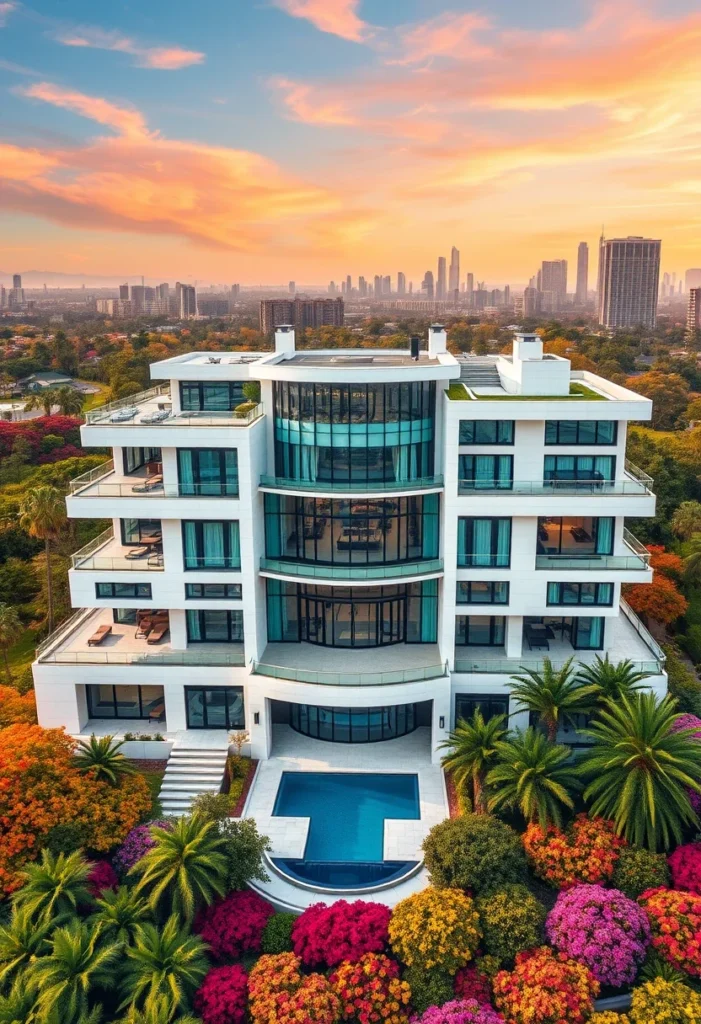 Luxury high-end residential architecture, sunset views, modern home design