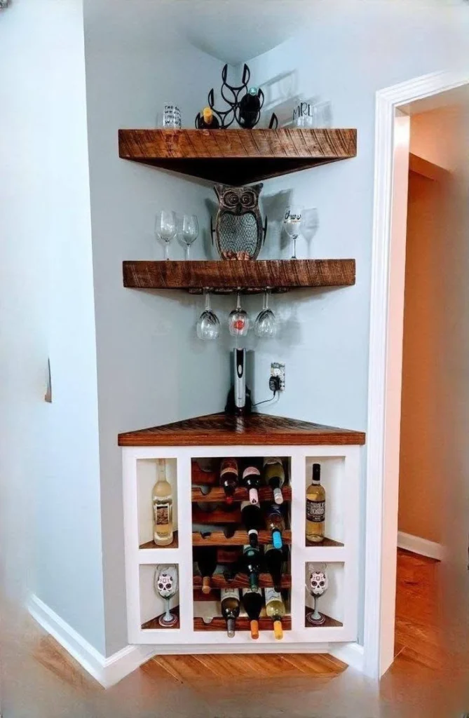 Small home organization idea featuring a custom-built corner bar cabinet.