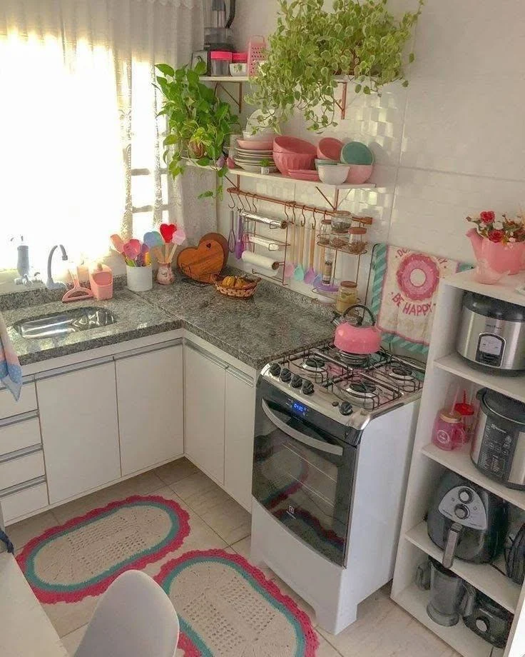 Small home organization idea showcasing efficient use of corner space in a kitchen with open shelving.