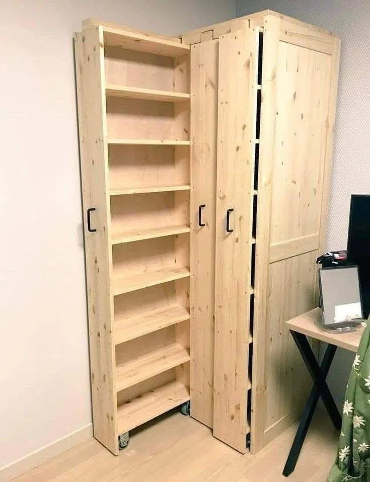 Tall wooden cabinet with pull-out shelving, maximizing storage space and accessibility in a pantry.