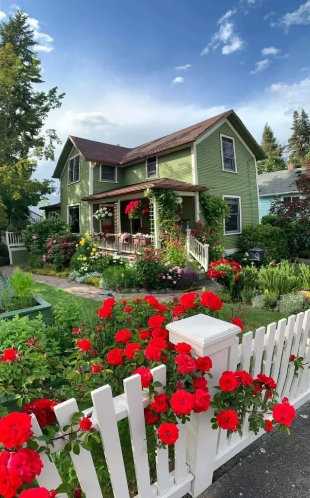 Victorian homestead with vibrant flowers and a white picket fence.