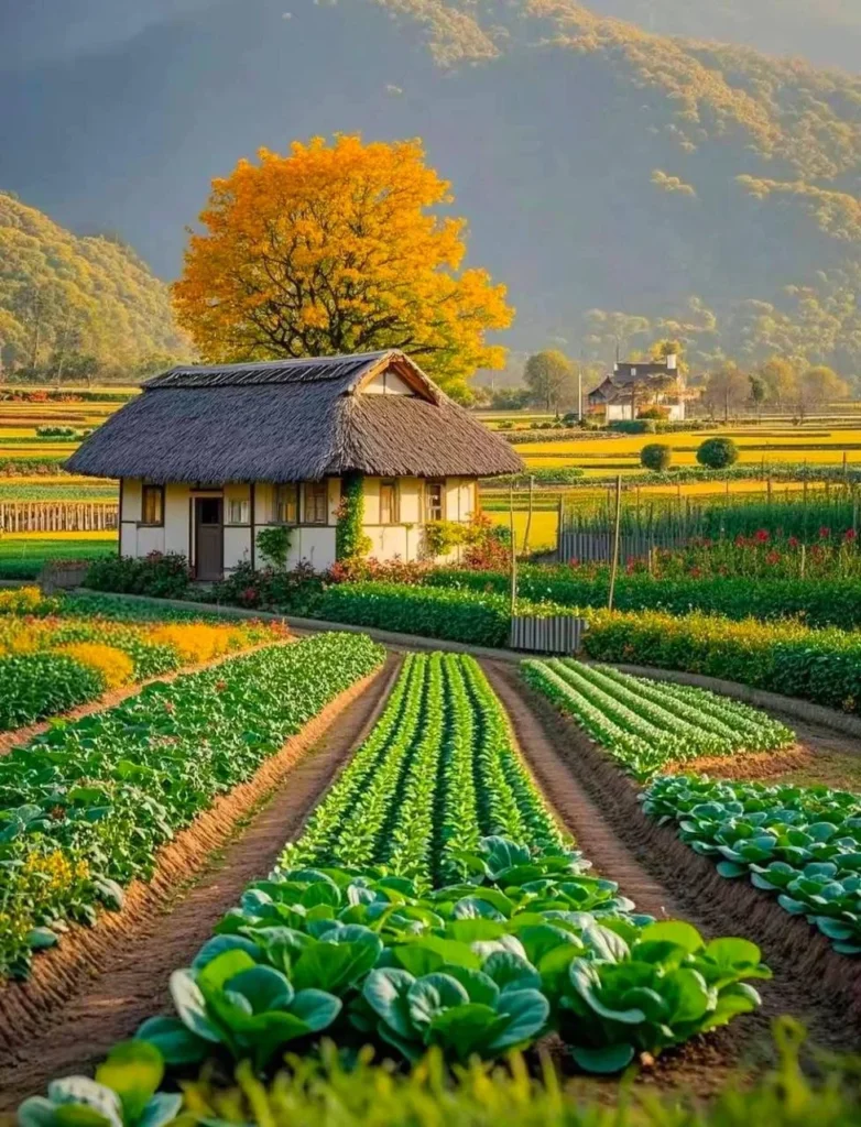 Homestead cottage with rows of vegetables and a mountain view.