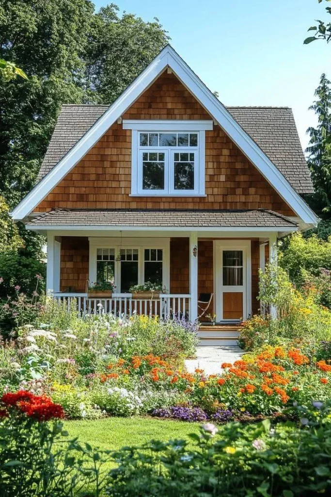 Charming homestead with gable roof, cedar shake siding, and flower garden.