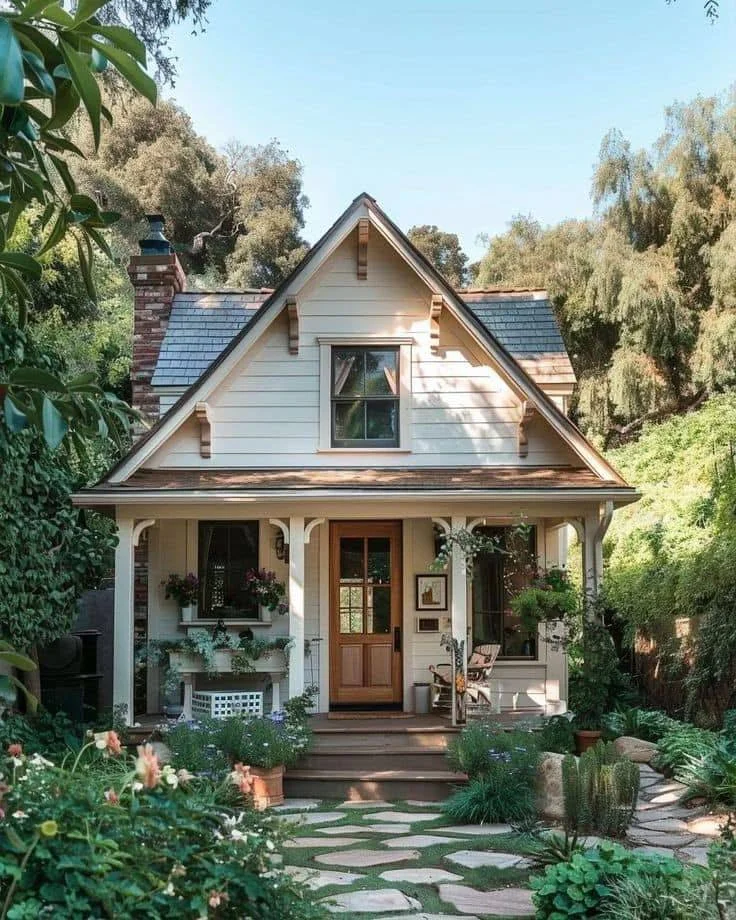 Storybook homestead cottage with a stone pathway and lush garden.