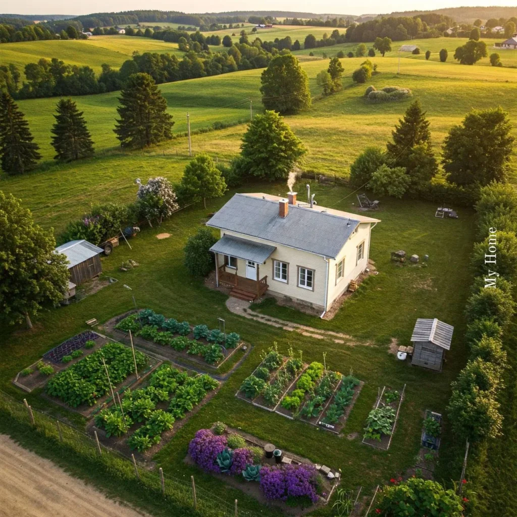 Classic farmhouse homestead with garden beds and rolling hills views.