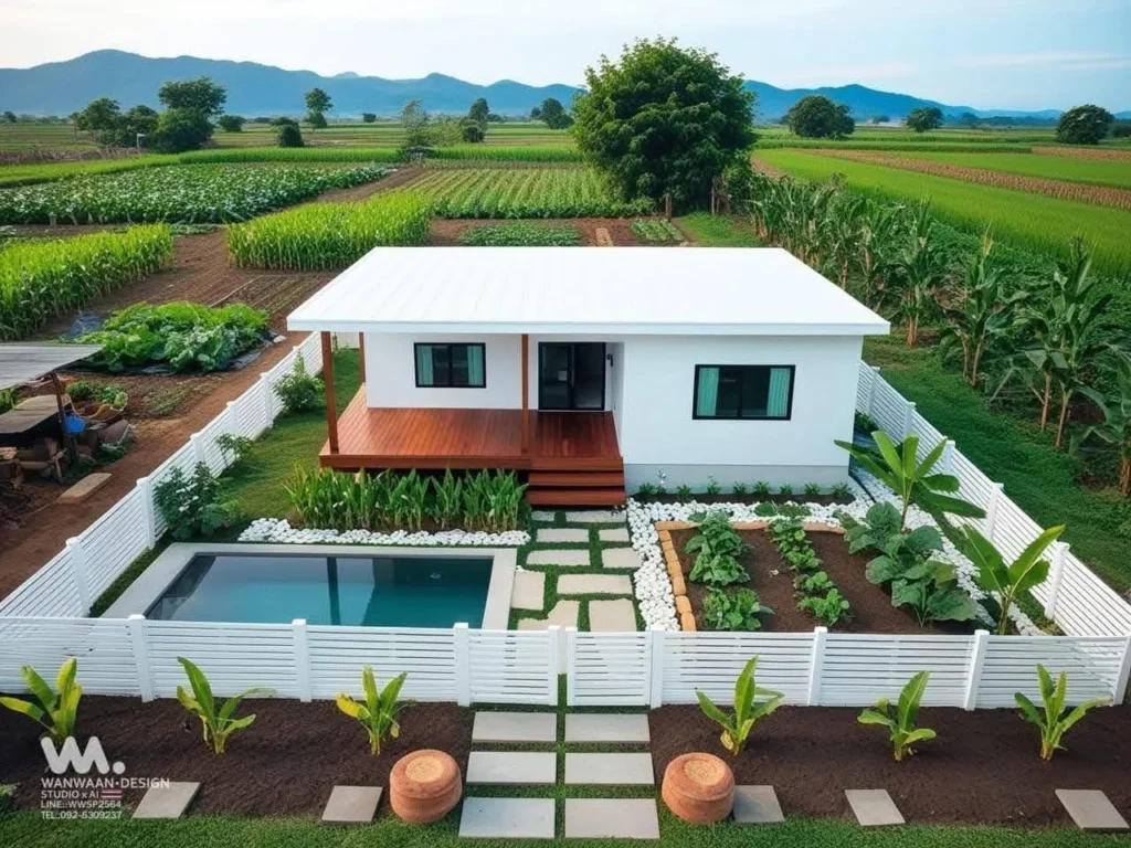 Modern homestead with a small pool, garden beds, and white fence.