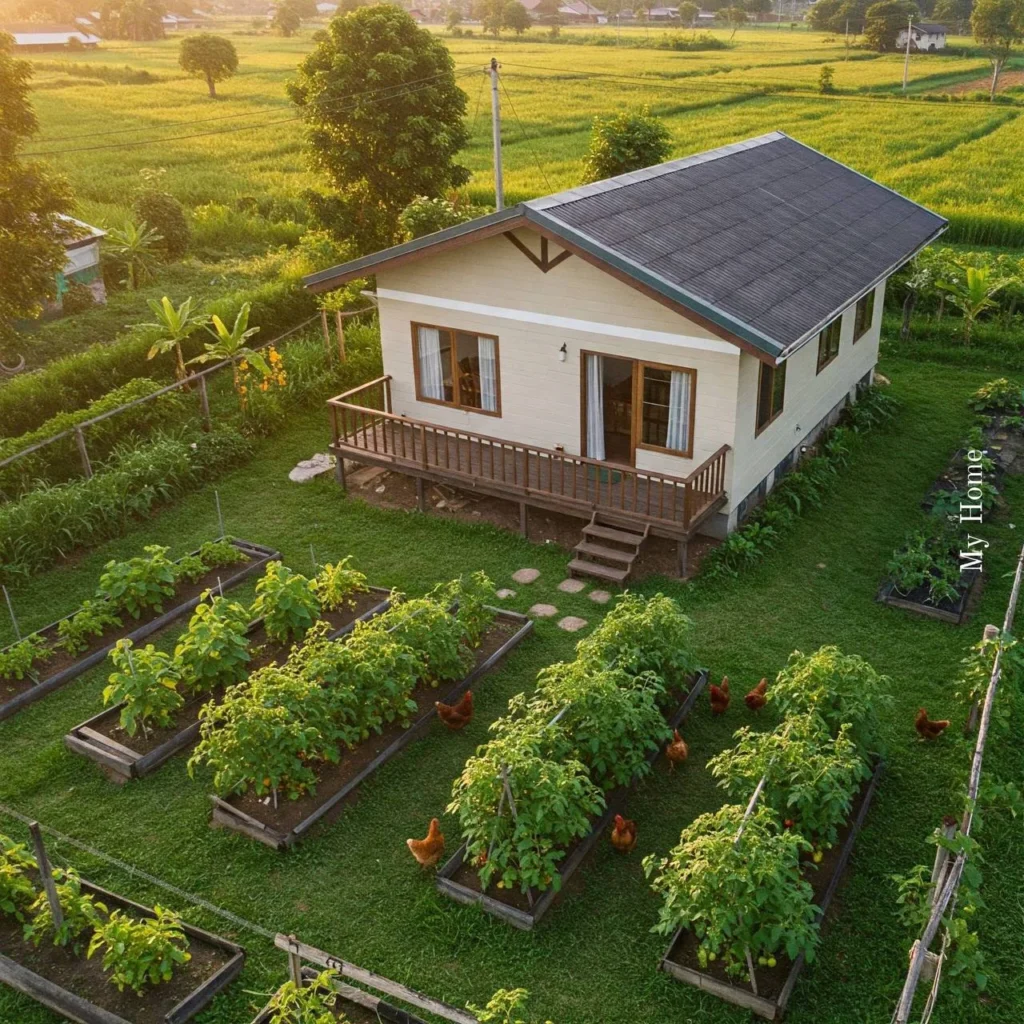 Homestead with elevated deck, raised garden beds, and free-range chickens.