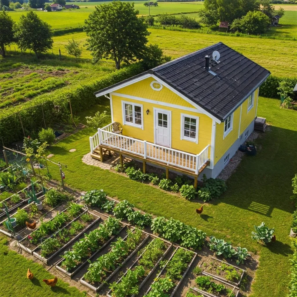 Bright yellow homestead with wraparound porch and raised garden beds.