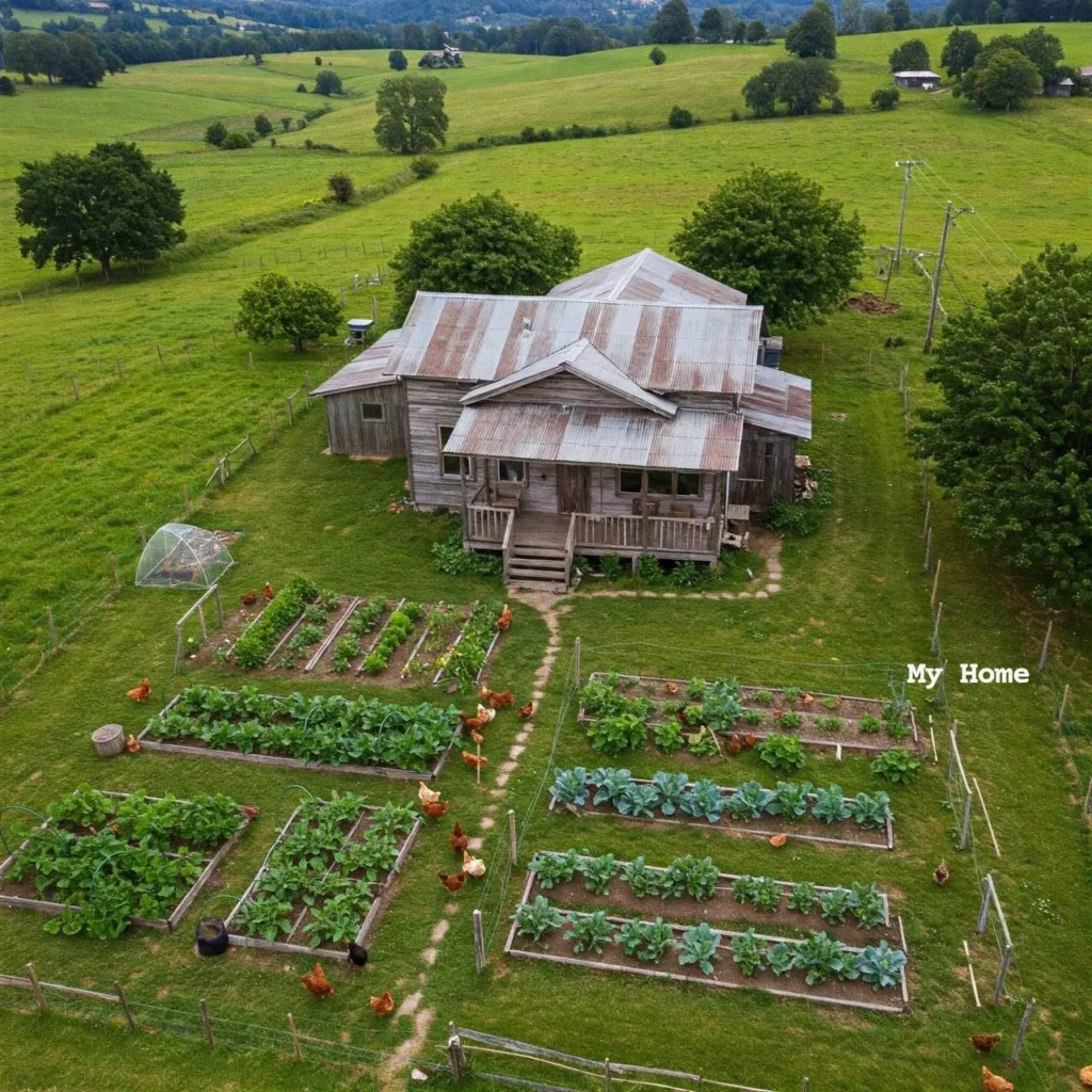 Weathered wood homestead with extensive garden beds and chickens.