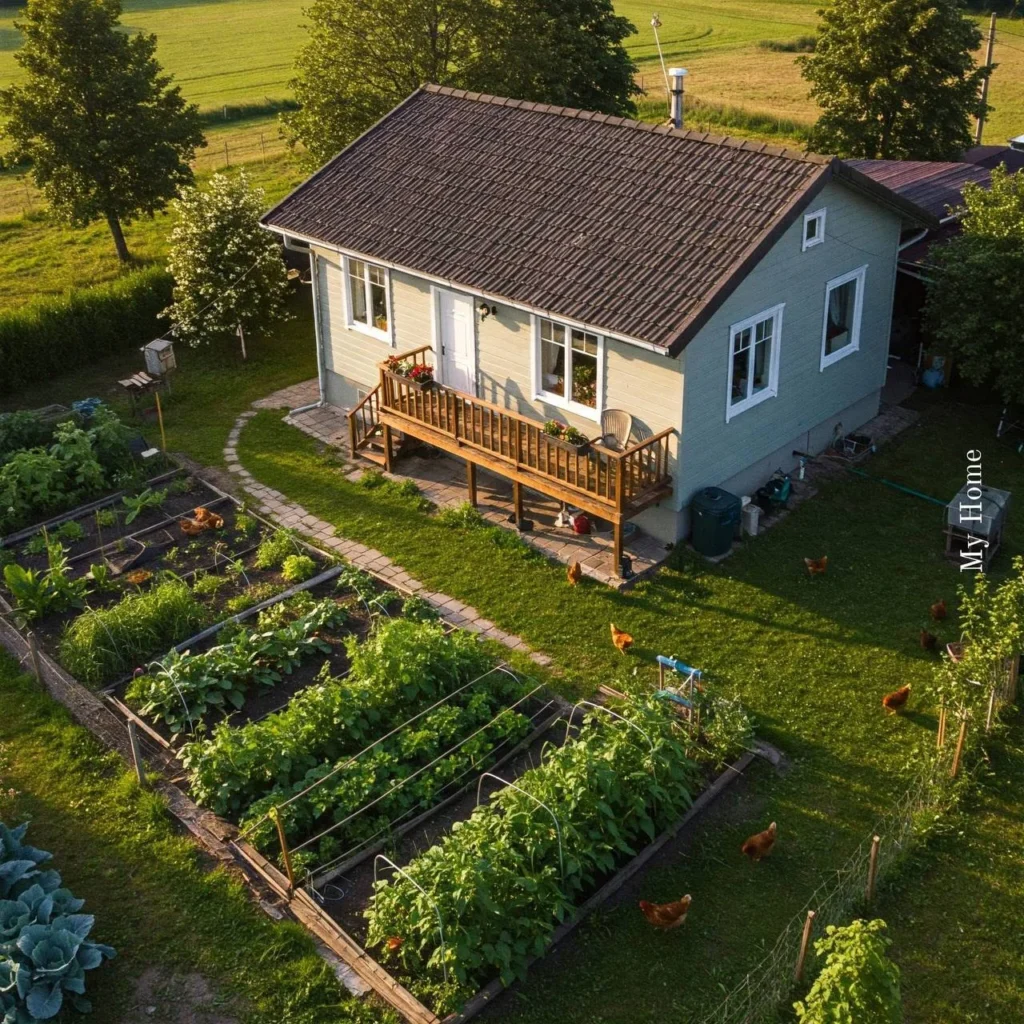 Charming homestead with raised garden beds and inviting deck.