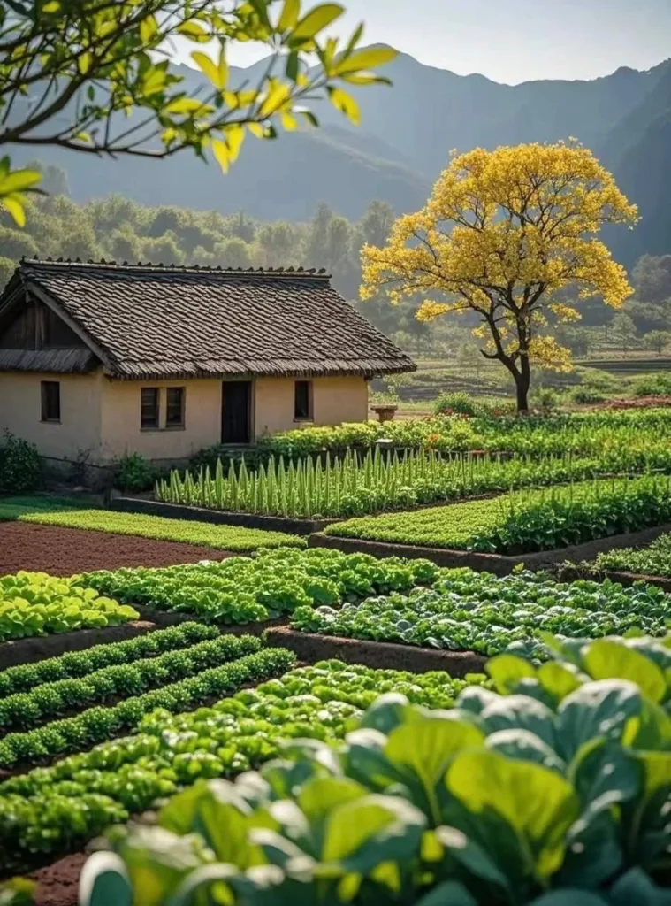 Homestead with diverse crop fields, showcasing lettuce, cabbage, and crop rotation