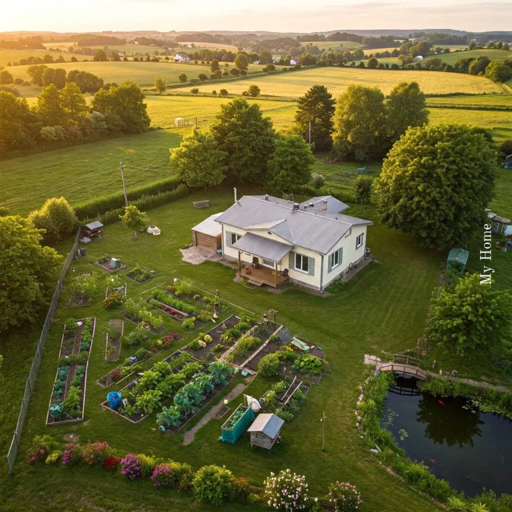 Expansive homestead with a picturesque pond, bridge, and gardens.