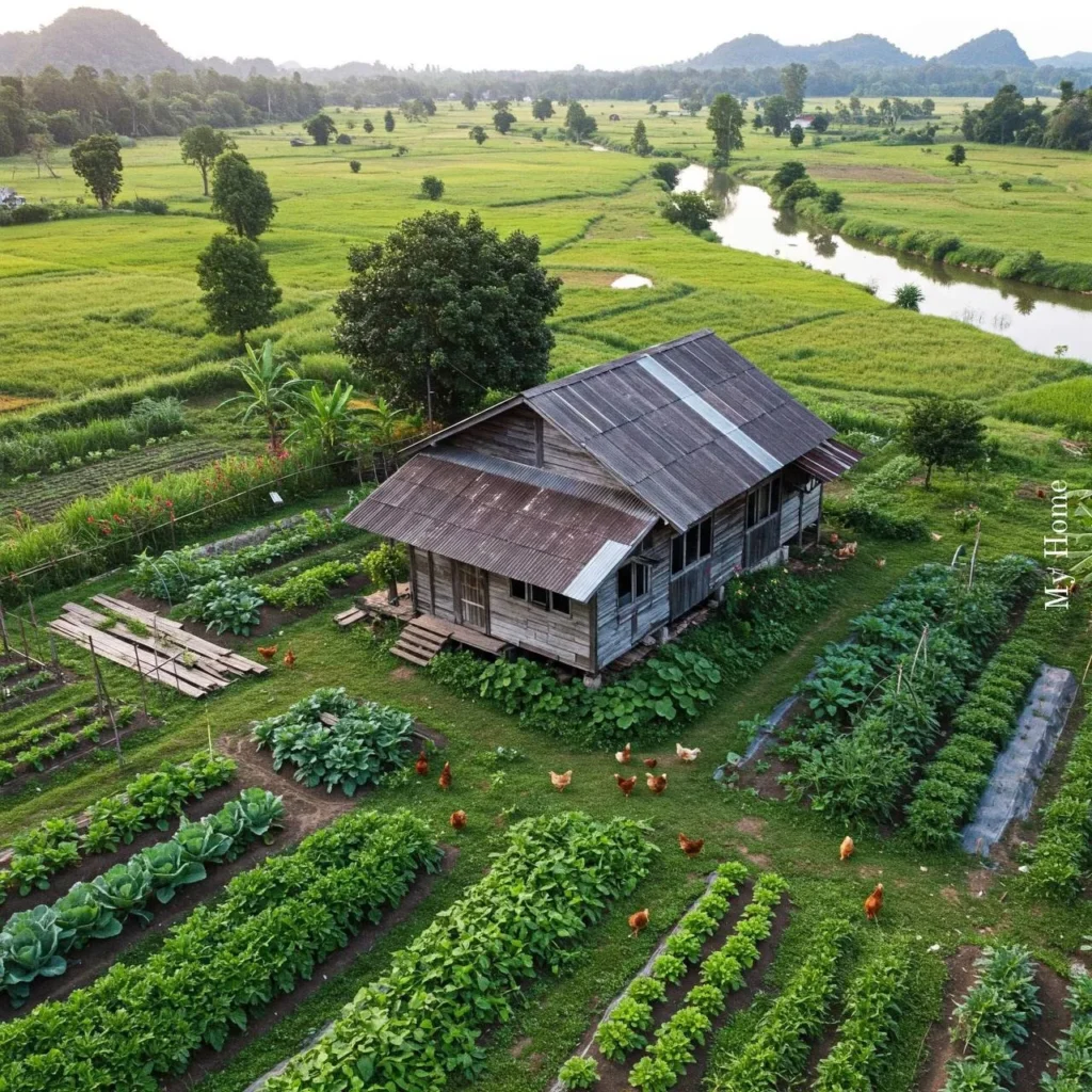 Homestead with a grid-layout garden, mature trees, and chickens.