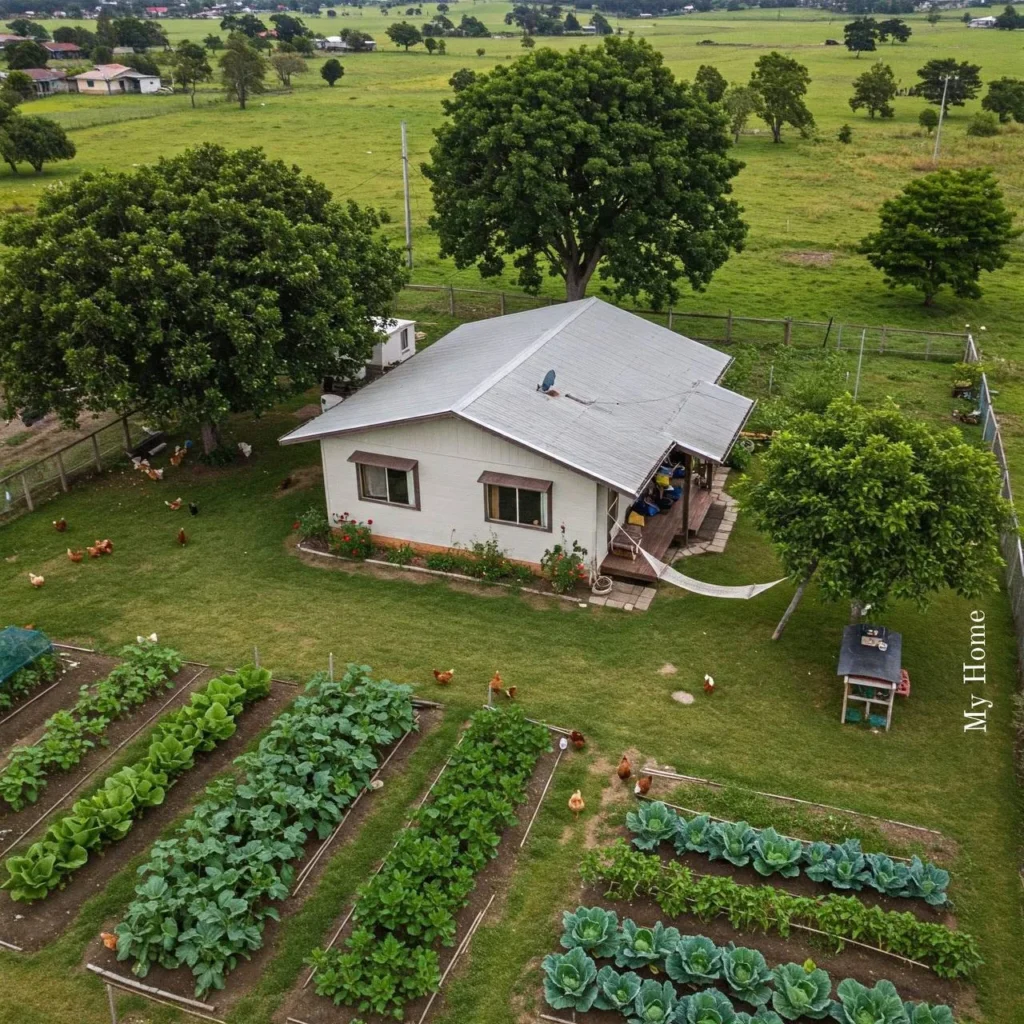 dreamy homesteads with multiple garden beds, hoop houses, and a weathered wood exterior.