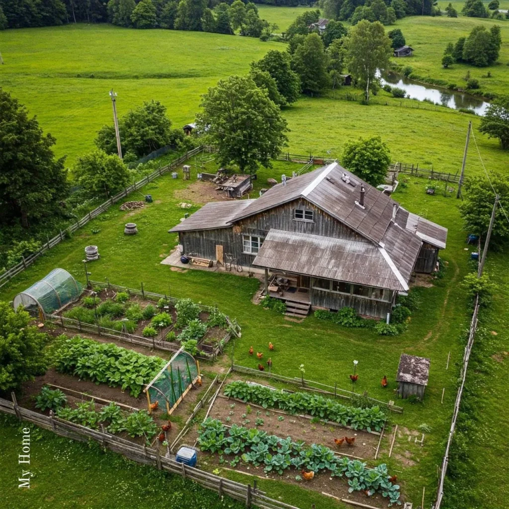 dreamy Homesteads with grazing livestock, extensive gardens, and a classic farmhouse.