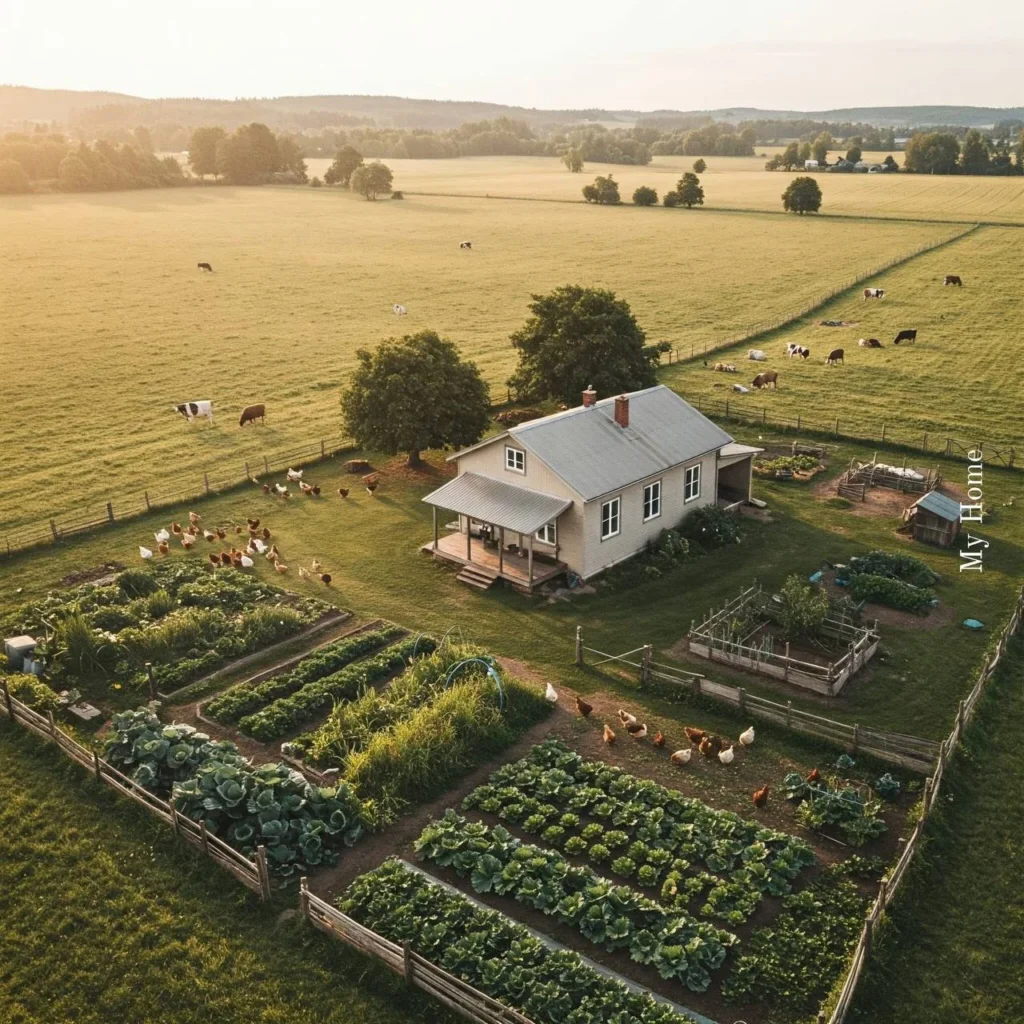 dreamy Homesteads with garden beds in a misty, morning setting.