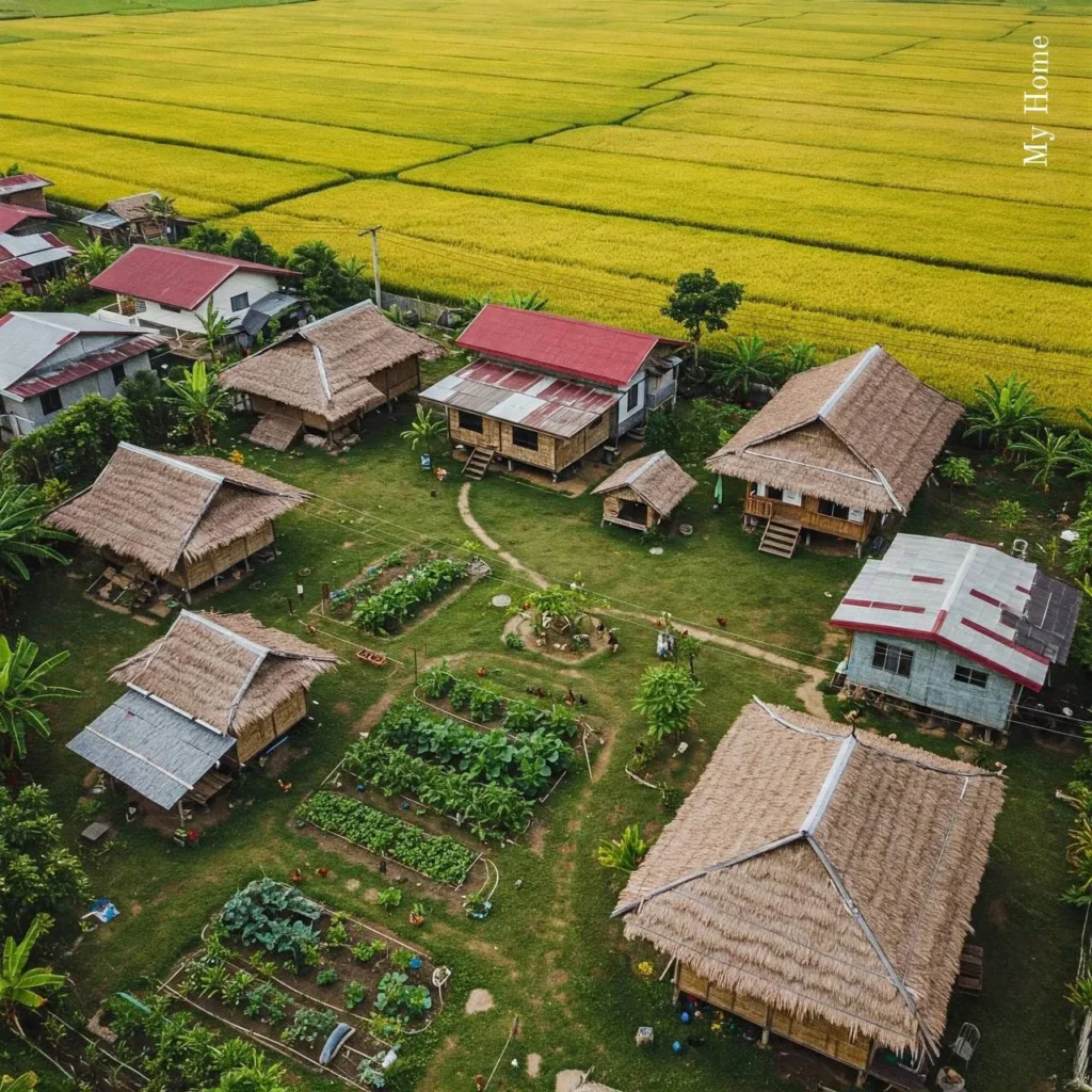 Homestead village with shared gardens and natural building materials.