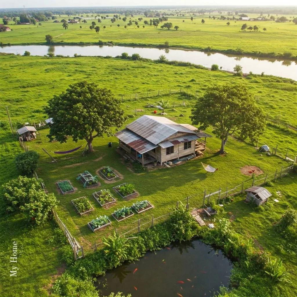 Dreamy waterside homestead with garden beds and mature trees.