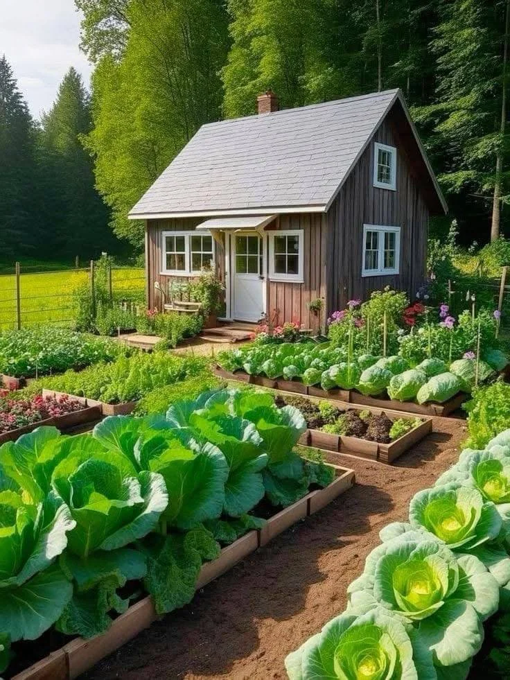 Homestead cottage with abundant vegetable garden and symmetrical design.