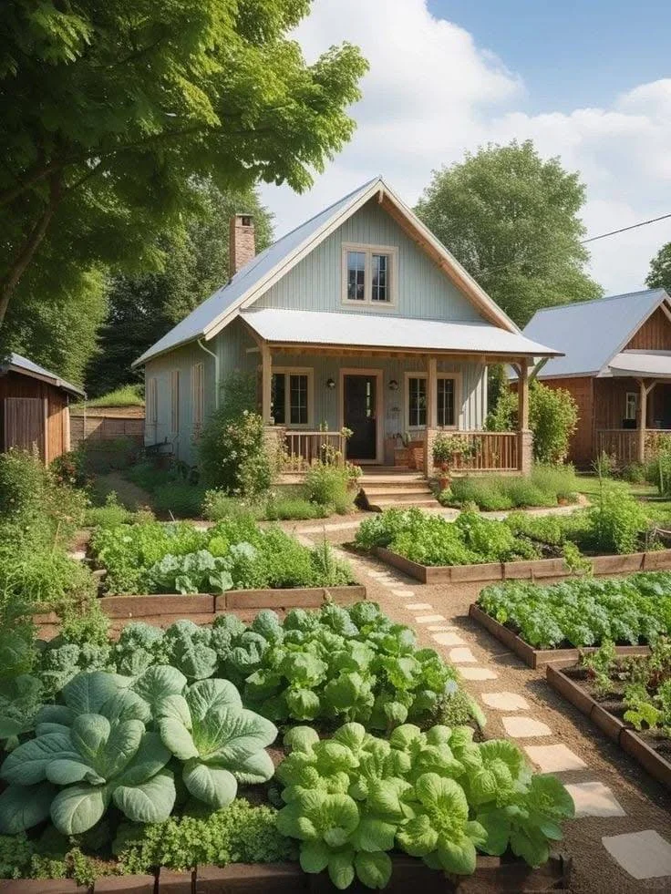 Homestead with charming front porch and lush, raised-bed garden.