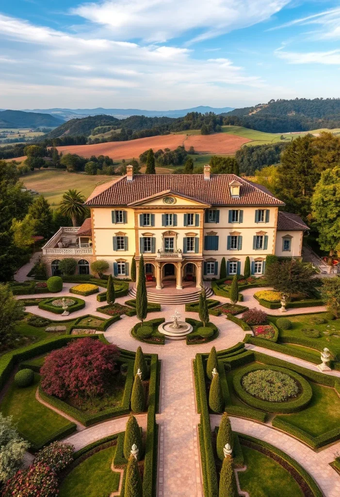 Symmetrical Italian Villa with Formal Gardens and Rolling Hills