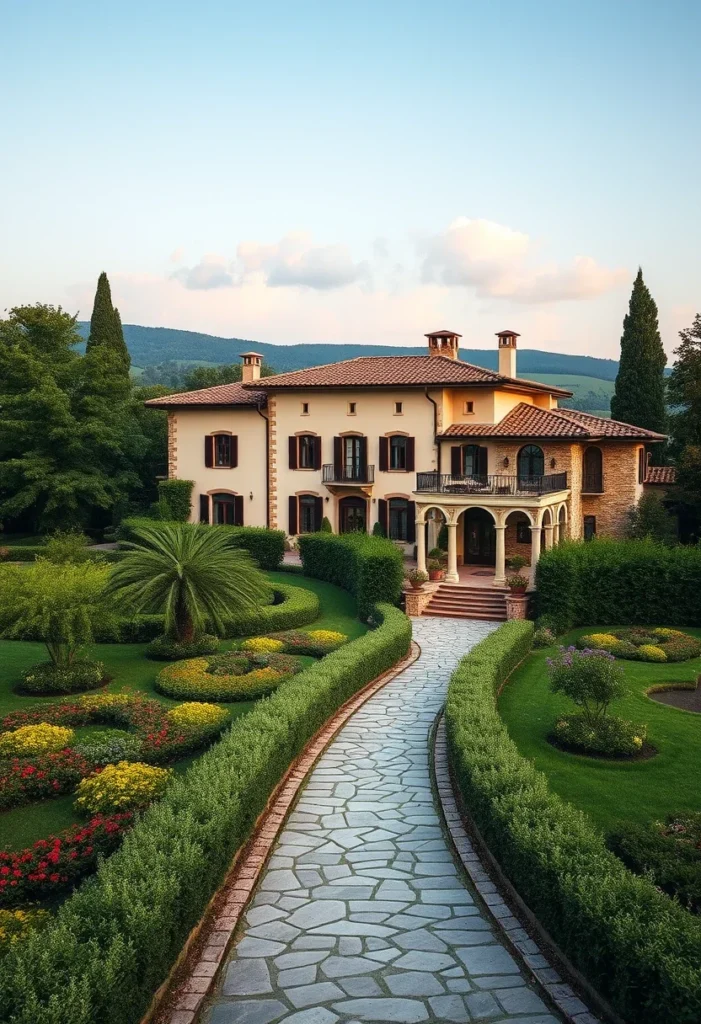 Italian Villa Garden Stone Pathways Landscape Design