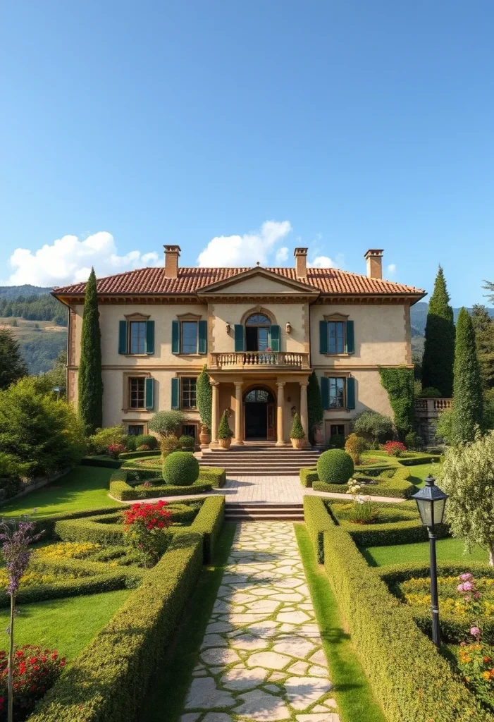 Italian Villa Grand Entrance Columns Elevated Steps