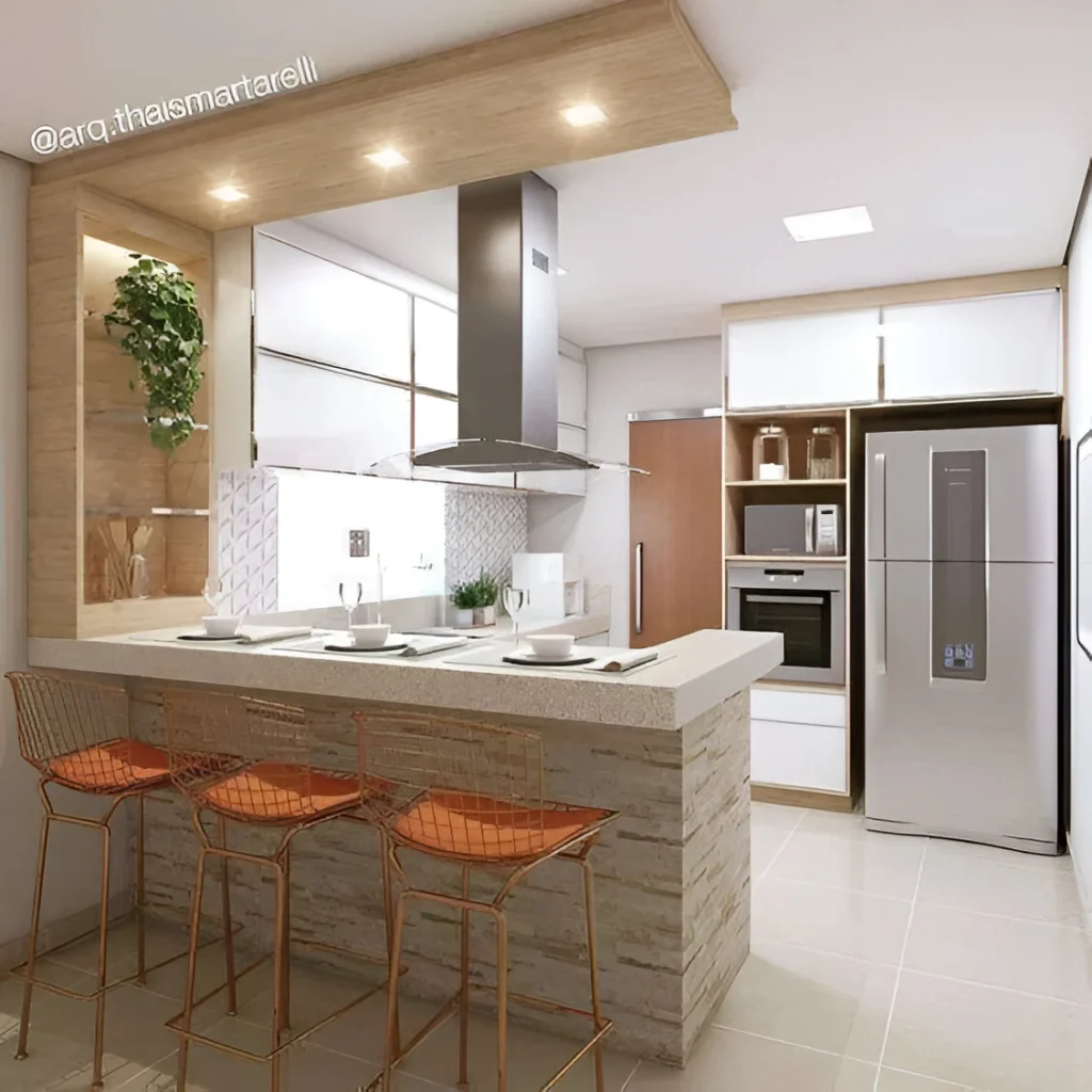 Kitchen bar with stone-look finish and wire-frame stools.