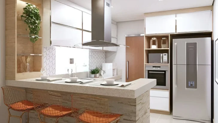 Kitchen bar with stone-look finish and wire-frame stools.