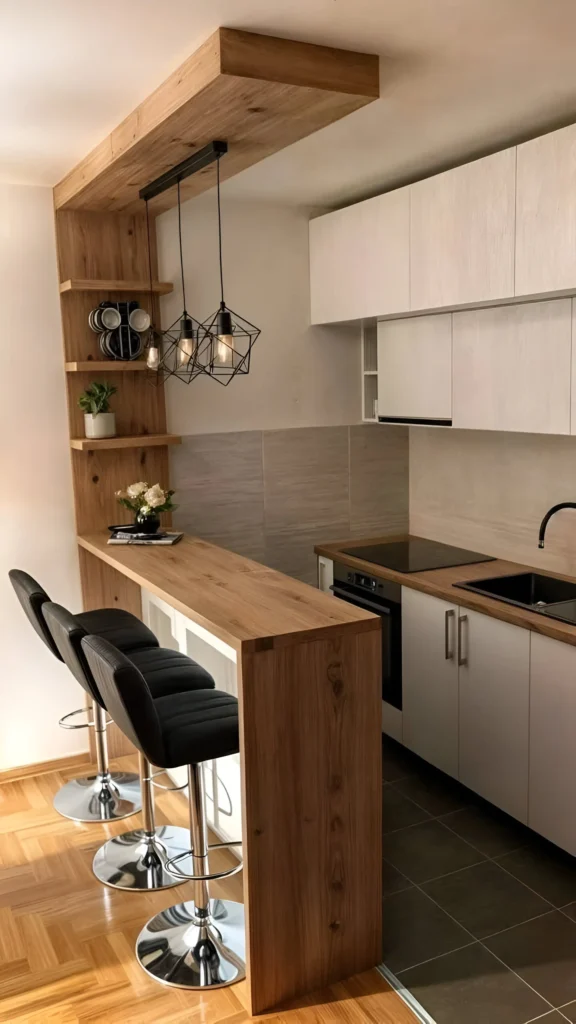 Modern kitchen bar with wood countertop and black upholstered stools.