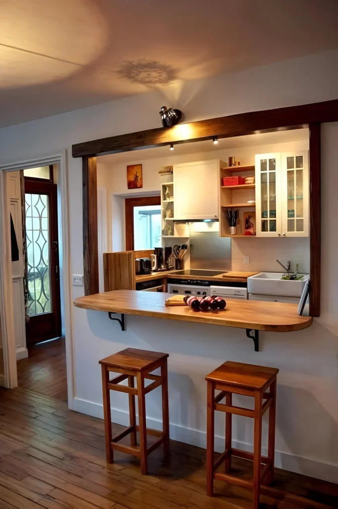 Suspended kitchen bar with wood countertop and matching stools.