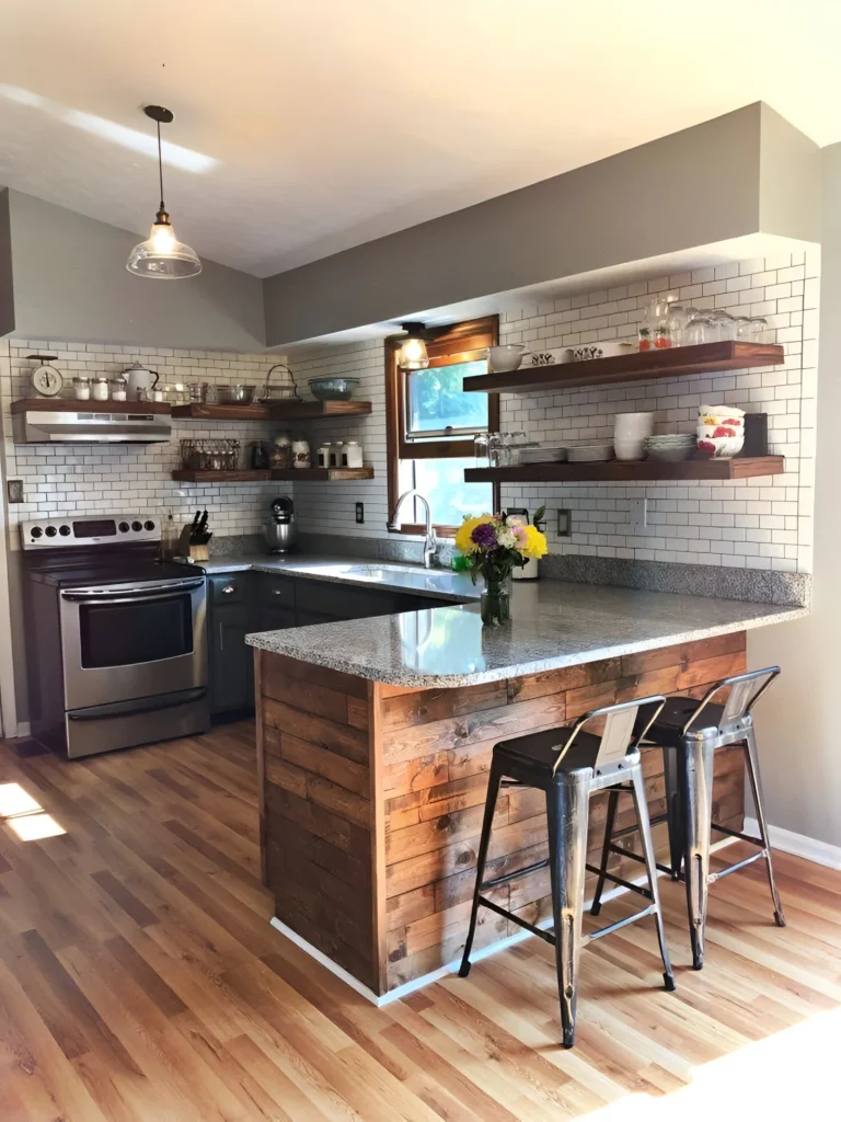 Kitchen island bar with reclaimed wood paneling and granite countertop.