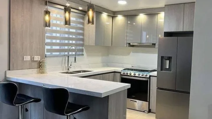 Kitchen with Dropped Ceiling Detail and Pendant Lights